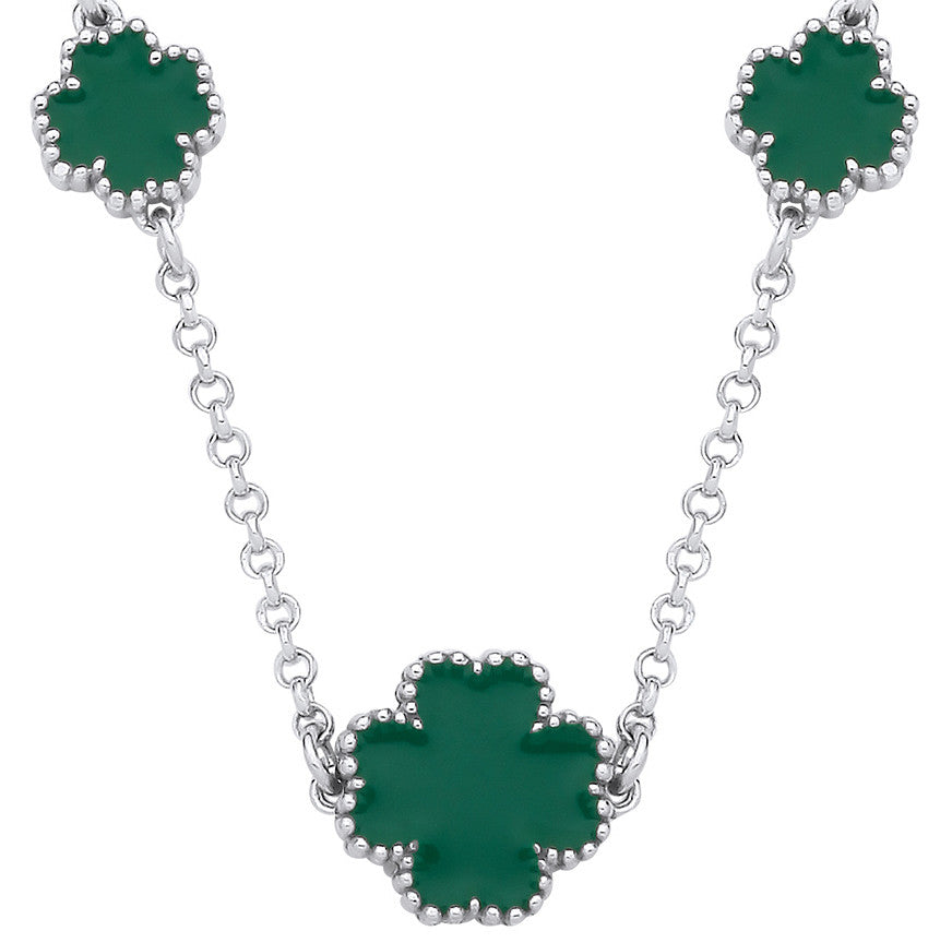 Sterling Silver Green Enamel Four Leaf Clover Necklace