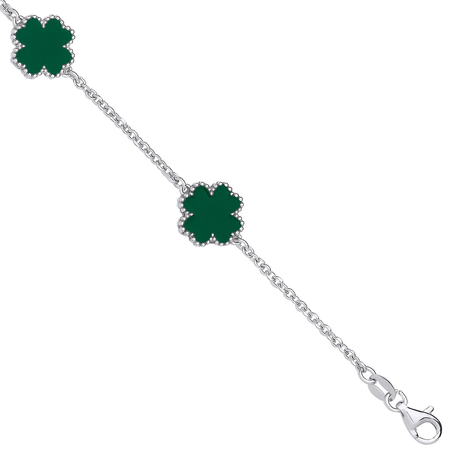 "Sterling Silver Green Enamel Four Leaf Clover Bracelet