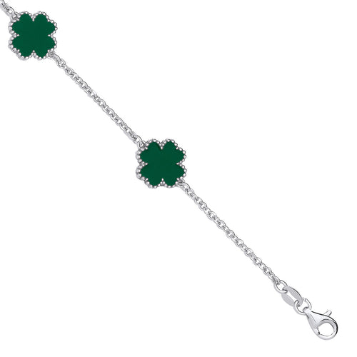 "Sterling Silver Green Enamel Four Leaf Clover Bracelet