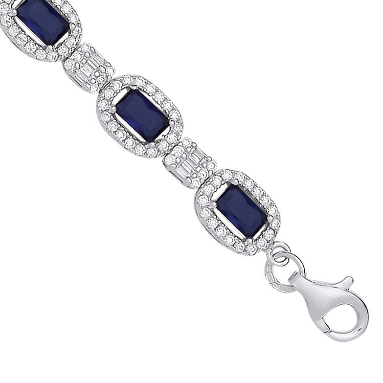 Sterling Silver Clear Cubic Zirconia & Blue Sapphire Glass Halo Style Ladies Bracelet