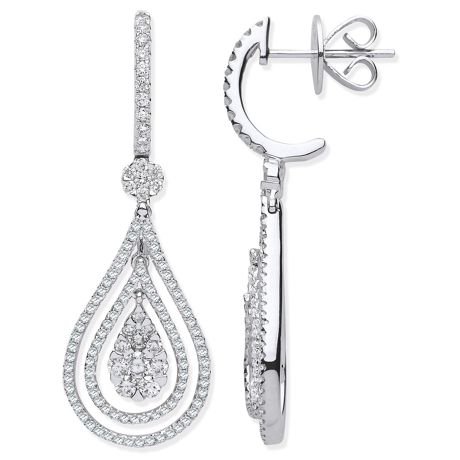 18ct White Gold 1.17ct Fancy Pear Shaped Grain Set Drop Earrings