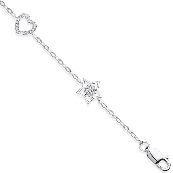 9ct White Gold 0.20ctw Hearts & Stars Diamond Bracelet